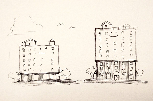 Cartoon of a 6-story building and a 8-story building with happy faces