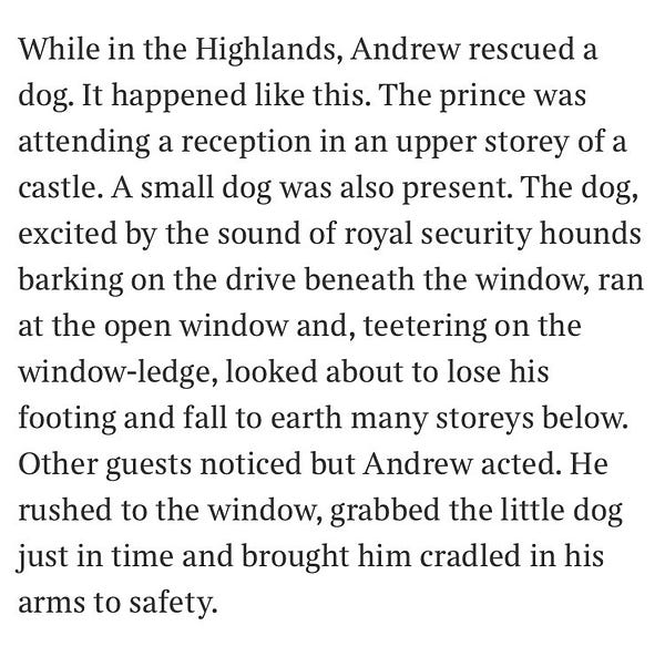 Matthew Parris shares anecdote that claims Prince Andrew saved a dog.