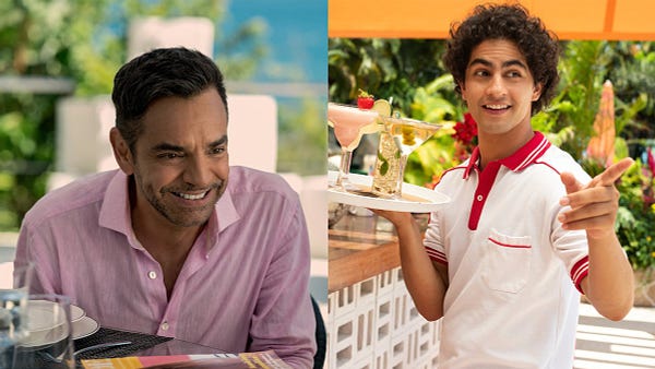 A collection of two photos side by side from the new Apple Original Series, Acapulco. The first of star and executive producer Eugenio Derbez as present day Maximo from the series seen smiling ear to ear. The second of Enrique Arrizon as younger Maximo in the 80s seen confident and all smiles in a work uniform holding a tray of cocktails ready to be served.