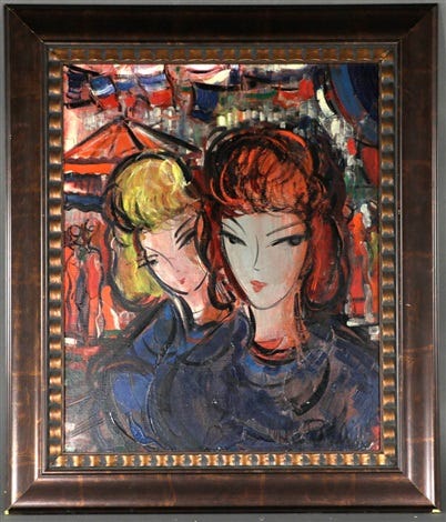 a framed painting of two women, one of the right in the front has a red bob and blue clothing, one on the left looks at the viewer from behind the other woman and has blonde bob and blue clothing. the artstyle is very delicate and soft.