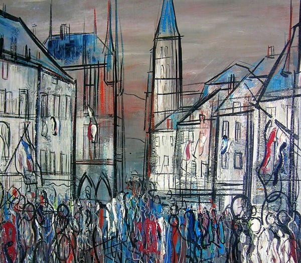 painting of a procession, it is in white-red-blue-gray pallette. it shows white old-town-esque buildings in the back, and in the forefront a mass of people, mostly blue, red and black. it is not realistic/detailed etc but Expressionist, "people" have several splashes of paint and are faceless, the buildings lack details.