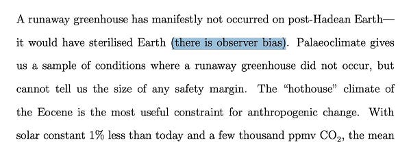 Screenshot of a paragraph of a paper beginning “A runaway greenhouse has manifestly not occurred on post-Hadean Earth—it would have sterilized Earth (there is observer bias)” with the parenthetical highlighted