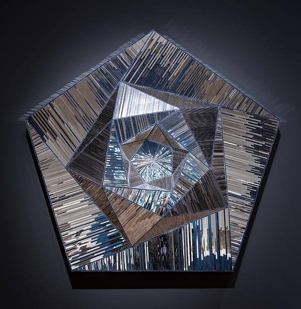 Pentagonal sculpture made of slivers of concentrically arranged slivers of mirrors