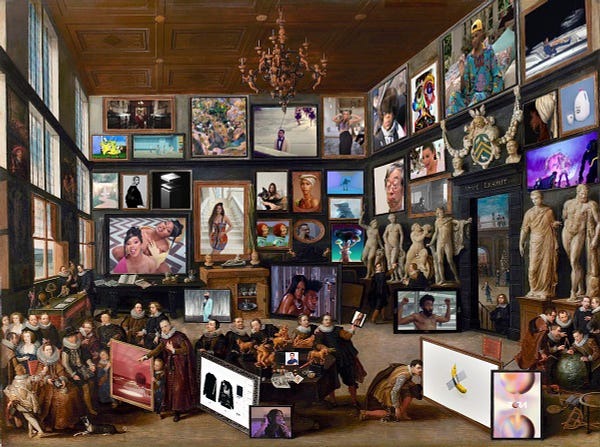 The Internet Renaissance by Jacob ☼☽. A reinterpretation of the famous artwork "The Gallery of Cornelis van der Geest" by Willem van Haecht. Featuring some of the best media from the internet in place of the original paintings.