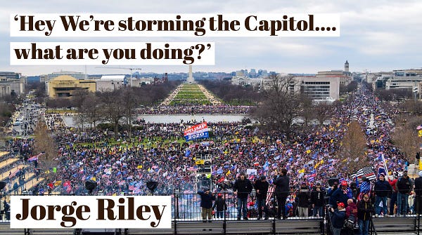 "Hey We're storming the Capitol.... what are you doing?" With the National Museum of the American Indian and the National Mall in the background, Jorge Riley kept his social media followers updated on the attack on the U.S. Capitol on January 6, 2021. #Insurrection #DC