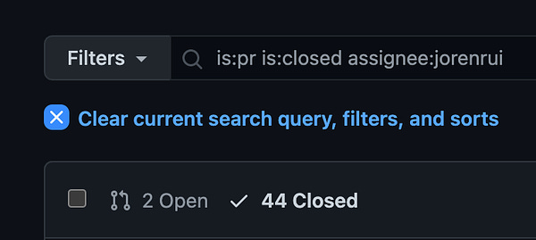 It shows jorenrui having 2 open and 44 closed pull requests in a repository.