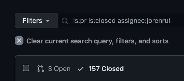 It shows jorenrui having 3 open and 157 closed pull requests in a repository.