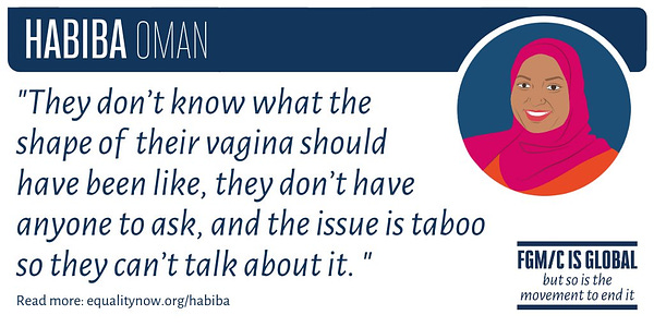 Image shows an illustration of a smiling woman wearing a head scarf, with the text 'Habiba: Oman "They don't know what the shape of their vagina should have been like, they don't have anyone to ask, and the issue is taboo so they can't talk about it."