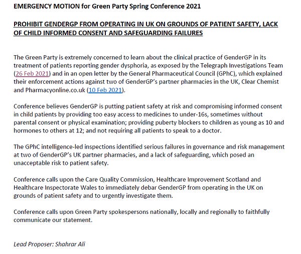 Emergency Motion to Green Party Spring Conference 2021: Prohibit GENDERGP from Operating in UK on Grounds of Patient Safety, Lack of Child Informed Consent and Safeguarding Failures