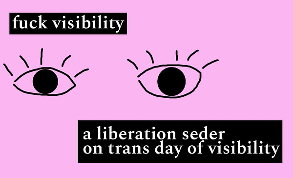 pink event flyer with crudely drawn eyes reads "fuck visibility. a liberation seder on trans day of visibility"