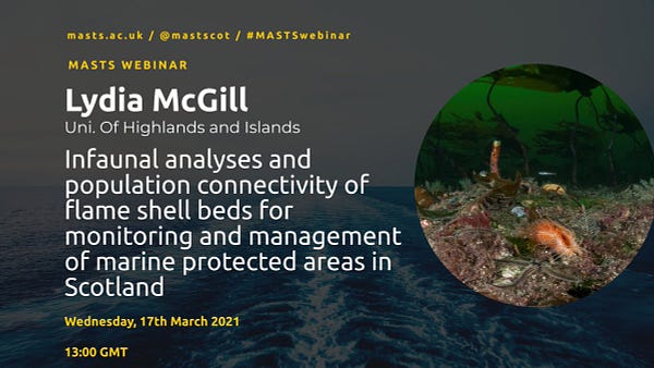 A dark background with yellow and white text. An image of a flame shell underwater is on the right. The middle white text says 'Lydia McGill, Uni Of Highlands and Islands, Infaunal analyses and population connectivity of flame shell beds for monitoring and management of marine protected areas in Scotland'. The bottom yellow text confirms date and time 'Wednesday 17th March 2021, 13:00 GMT'.