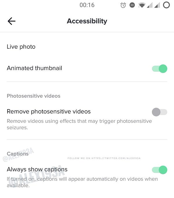 The image shows the Accessibility section in the settings where a new "Always shows captions" setting has been added.
When turned on, captions will appear automatically on videos when available.
