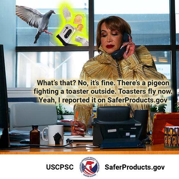 A transgender woman on the phone in her office. There is a pigeon fighting a flying toaster. She says, "What's that? No, it's fine. There's a pigeon fighting a toaster outside. Toasters fly now. Yeah, I reported it on SaferProducts.gov.