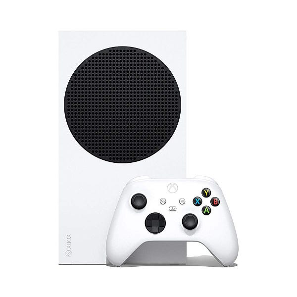 A white Xbox with a white controller