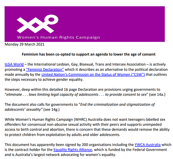 29 March 2021: WHRC Australia has issued a media release on the ILGA "Feminist Declaration" - Feminism has been co-opted to support an agenda to lower the age of consent 
