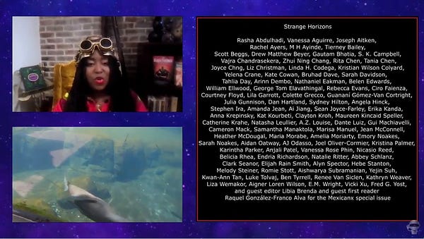 A screenshot from the Hugo Ballot Announcement video, listing the entire Strange Horizons team, including myself!