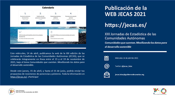 Presentación de la web de las XXI Jornadas de Estadística de las Comunidades Autónomas, que se celebrarán entre el 15 y el 19 de noviembre de 2021, organizadas por el Instituto Canario de Estadística, integramente en línea.