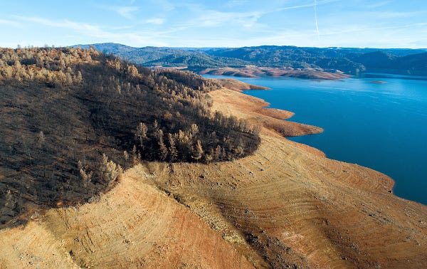 A drone view showing charred land from the Potters Fire that burned in August of 2020 near Potters Ravine Recreation area at Lake Oroville in Northern California’s Butte County. Photograph taken November 16, 2020.
