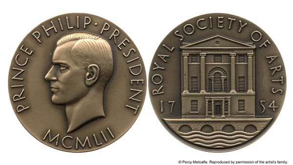 A bronze medal with a portrait of Prince Philip (left) and the frontage to the Royal Society of Arts Building (right). 