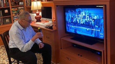 Senator Schumer watches the Oscars with an ice cold plant-based beer, April 25, 2021.