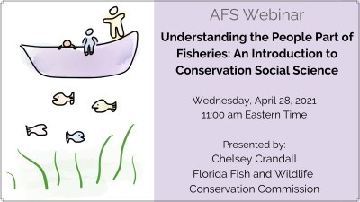 AFS Webinar 
Understanding the People Part of Fisheries: An Introduction to Conservation Social Science
Wednesday, April 28, 2021
11:00 am Eastern Time
Presented By:
Chelsey Crandall
Florida Fish and Wildlife Conservation Commission