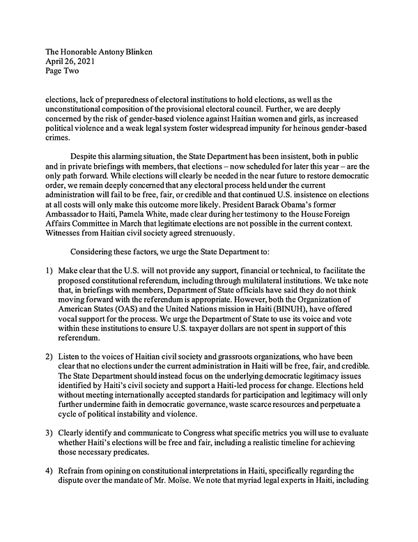 Screenshot of letter. To read full letter visit: https://foreignaffairs.house.gov/2021/4/meeks-and-jeffries-co-lead-letter-condemning-unconstitutional-actions-of-haitian-president-mo-se