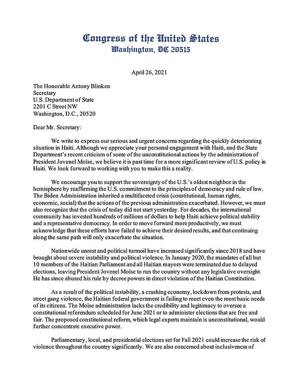 Screenshot of letter. To read full letter visit: https://foreignaffairs.house.gov/2021/4/meeks-and-jeffries-co-lead-letter-condemning-unconstitutional-actions-of-haitian-president-mo-se