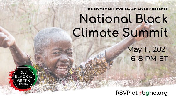 A graphic with a young boy smiling with his hands out accompanied by the The Red Black and Green New Deal logo. Text says:  The Movement for Black Lives Presents National Black Climate Summit May 11, 2021 6-8 PM ET RSVP at rbgnd.org