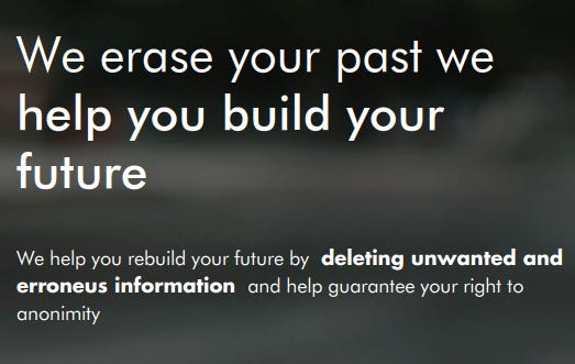 The Eliminalia splashpage, reading We erase your past and help you build your future.