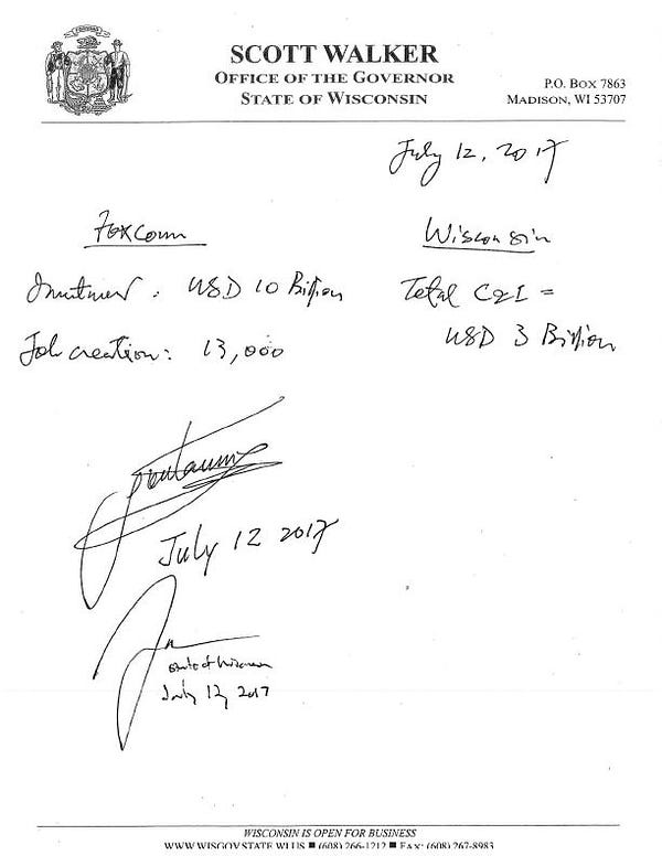 A handwritten 2017 memo commemorating the Foxconn deal, on then-Wisconsin governor Scott Walker's letterhead, listing the job creation at 13,000, the investment at $10b, and the cost to the state of Wisconsin at $3b.
