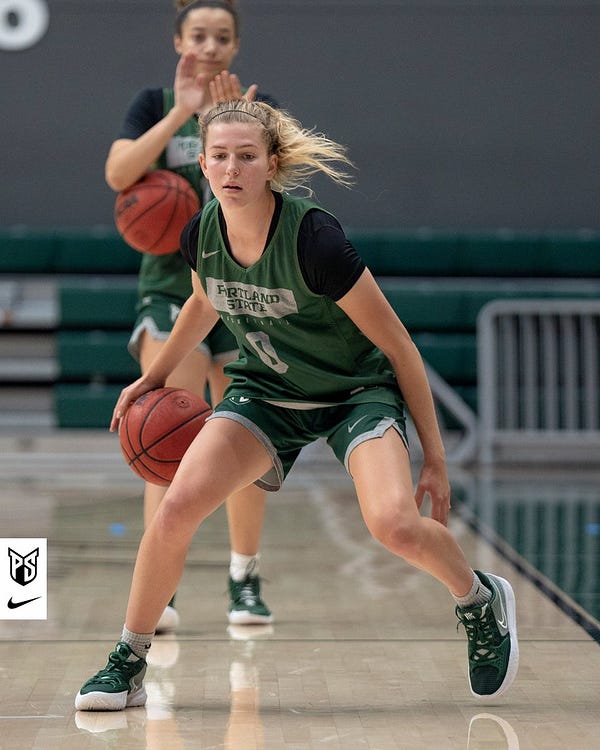 Action photo of Portland State women's basketball player Jenna Kilty going through a dribbling drill during a team practice.