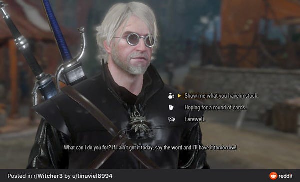 witcher 3 video game screenshot of the titular witcher, geralt of rivia, with a white-haired smooth coif, a short beard, john lennon style sunglasses, and black armor