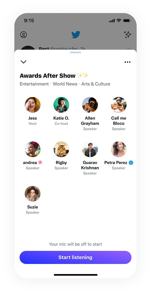 Image shows the preview screen before entering the “Awards After Show” Space. Under the title, there are new Topics tags: “Entertainment” “World News” and “Arts & Culture.”