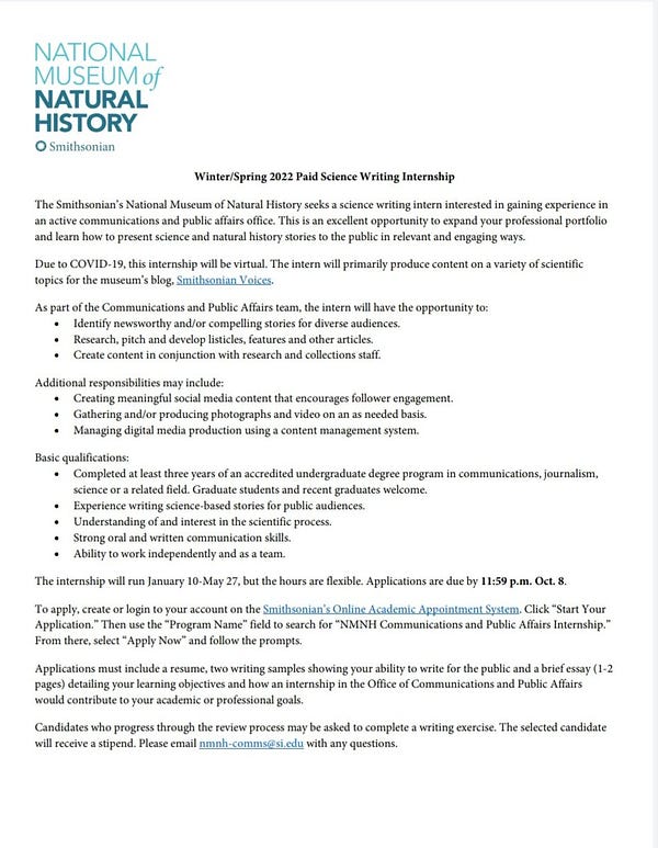 A flyer announcing a science writing internship at the Smithsonian's National Museum of Natural History for winter/spring 2022.