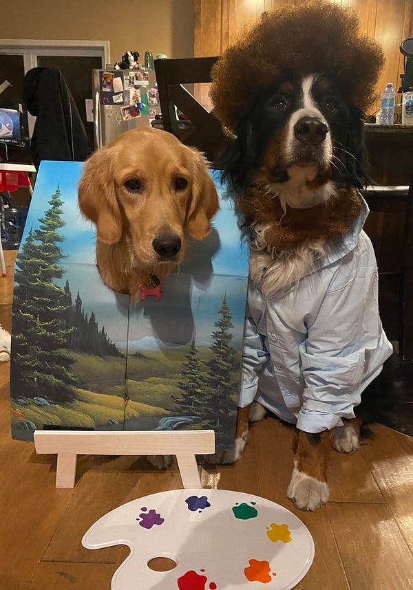 Bunsen is dress as Bob Ross and Beaker is a painting