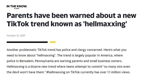 Parents have been warned about a new TikTok trend known as 'hellmaxxing'

October 15, 2021

Another problematic TikTok trend has police and clergy concerned. Here's what you need to know about "hellmaxxing". The trend is largely popular in America, where police in Bensalem, Pennsylvania are warning parents and small business owners. Hellmaxxing is a bizarre new trend where teens attempt to commit "so many sins even the devil won't have them." #hellmaxxing on TikTok currently has over 1.1 million views.