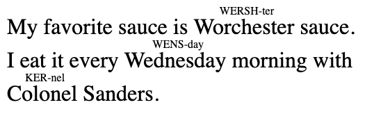 Text showing hard to pronounce English words with spellings in ruby text (in smaller letters above):

"My favorite sauce is Worchester (WERSH-ter) sauce. I eat it every Wednesday (WENS-day) morning with Colonel (KER-nel) Sanders."