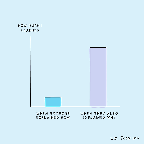 An illustrated bar chart with the Y-axis labeled, "How much I learned." A short bar is labeled, "When someone explained how," and a much taller bar is labeled, "When they also explained why."