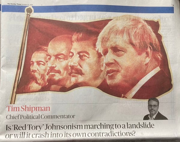 Boris Johnson on a red flag alongside Marx, Lenin and Stalin.