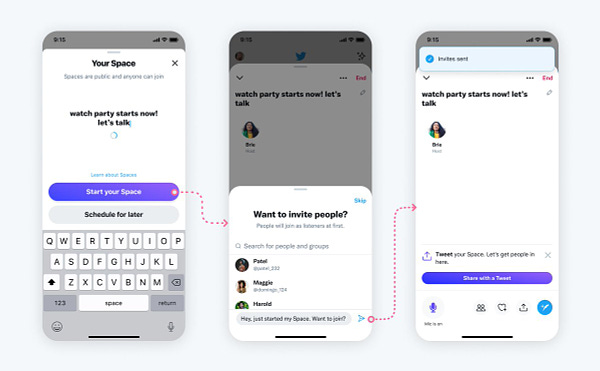 Three mockups showing the new prompt to invite guests to your Space via DM right after you start the Space.

Step 1: Current Start-your-Space screen
Step 2: Immediately after starting your Space, the DM invite tray automatically appears, with default invite text: "Hey, just started my Space. Want to join?"
Step 3: After picking the people you want to DM and sending the invites, the DM invite tray slides away to show the live Space below. A confirmation message "Invites sent" appears.