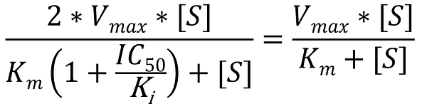 2*Vmax*[S]/(Km*(1+IC50/Ki)+[S]) = Vmax*[S]/(Km+[S])