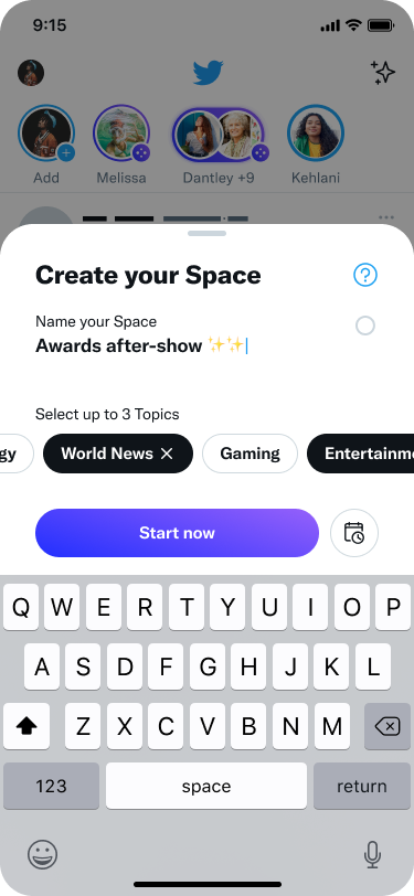 The Space composer is open on an iPhone and is titled “Awards After Show.” There is a new section that prompts the composer to “Select up to 3 Topics.” Topics include Entertainment, Gaming, World News and more.