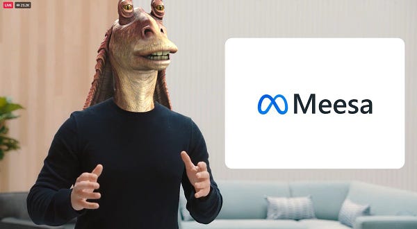 Mark Zuckerberg "Meta" announcement screenshot, but his head is replaced with Jar Jar Binks' head and the logo now says "Meesa"