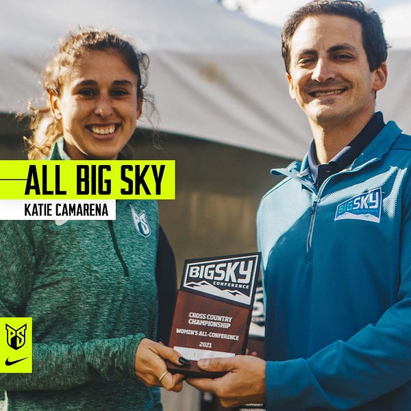 Graphic saying: "All-Big sky, Katie Camarena" with a photo of Portland State cross country runner Katie Camarena receiving her all-conference honor in the background.