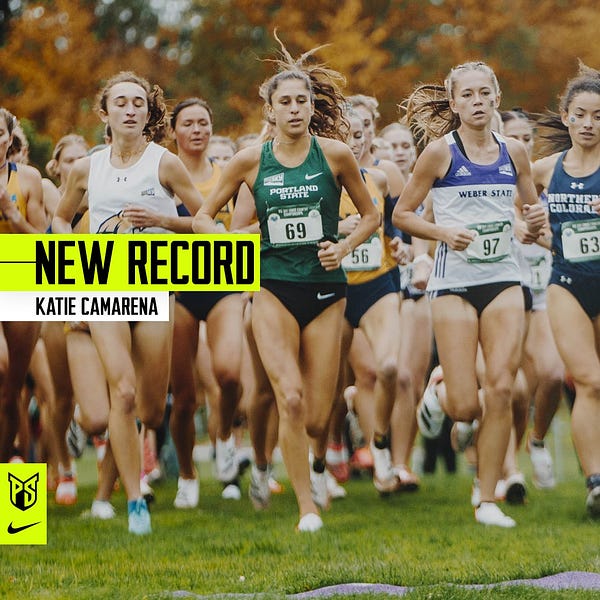 Graphic saying: "New Record, Katie Camarena" with a photo of Portland State cross country runner Katie Camarena running at the Big Sky Conference meet in the background.