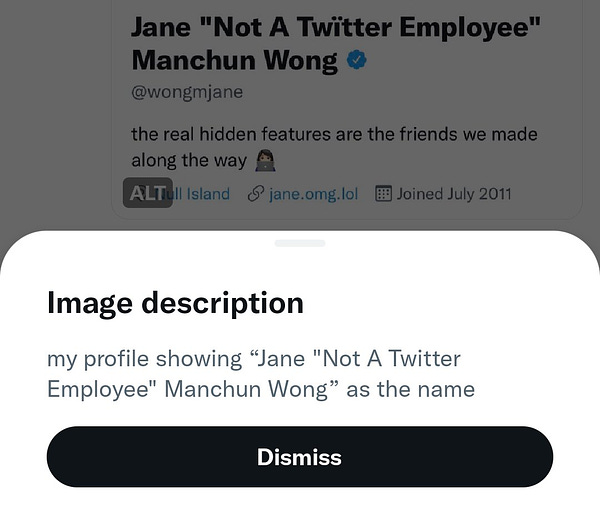 Screenshot of a modal bottom sheet titled “Image description” with the description of “my profile showing “Jane “Not A Twitter Employee” Manchun Wong” as the name” with a long rounded “Dismiss” button

Behind the modal, it shows the screenshot of the image described above, with the [ALT] badge