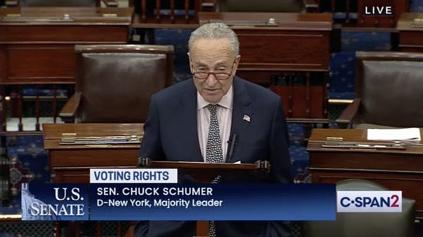 A screenshot of Senate Majority Leader Chuck Schumer speaking on the Senate floor.