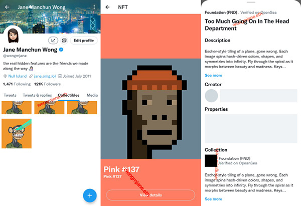 Screenshot of my Twitter profile showing “Collectibles” tab with a grid of Bored Ape Yacht NFTs (not mine)

Screenshot of Twitter app showing a view titled “NFT” showing a CryptoPunk NFT titled and described as “Pink #137” with “View details” button

Screenshot of Twitter app showing the details view showing the details of the NFT like whether it’s verified on OpenSea, title, Description, Creator, Properties, Collection, etc