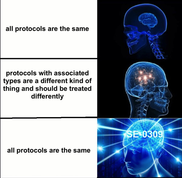 small brain: all protocols are the same
expanding brain: protocols with associated types are a different kind of thing and should be treated differently
galaxy brain: all protocols are the same