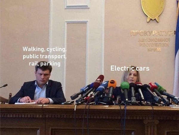 Photograph of a conference with a single tiny microphone beside one man with “walking, cycling, public transport, rail, parking” above his head and then a woman with dozens of microphones with “electric cars” above her head.